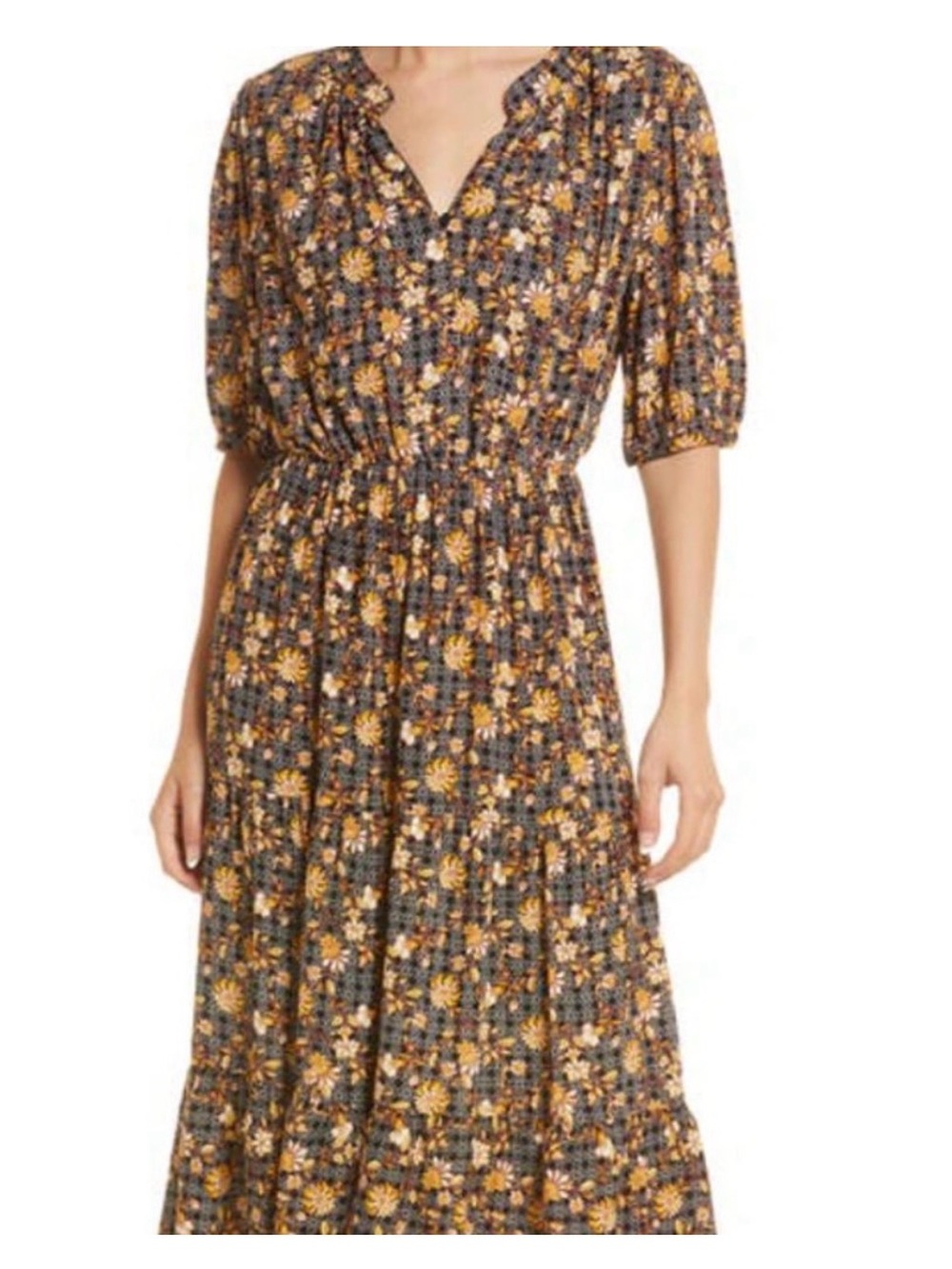 Floral V-Neck Maxi Dress in Mustard and Black